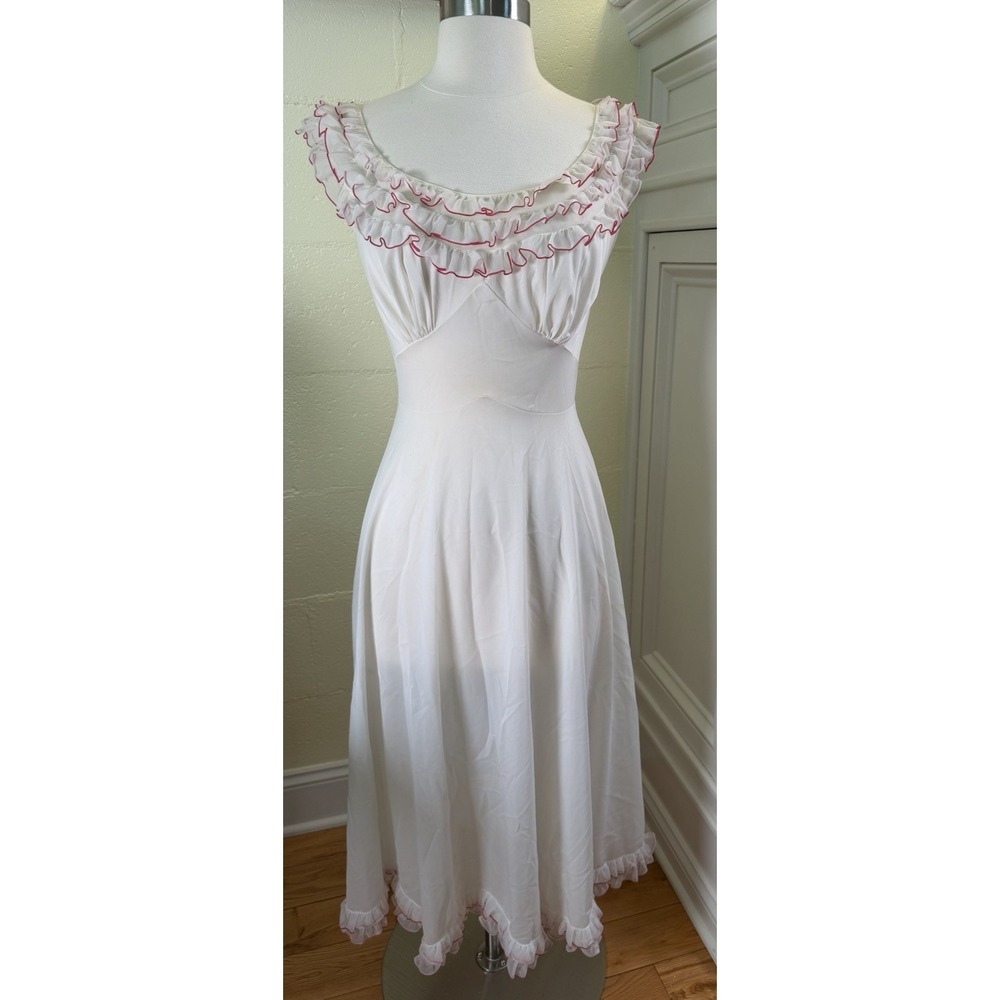 Vintage 1960s Vanity Fair Mary Poppins Nightgown White Red Trim Sz 32
